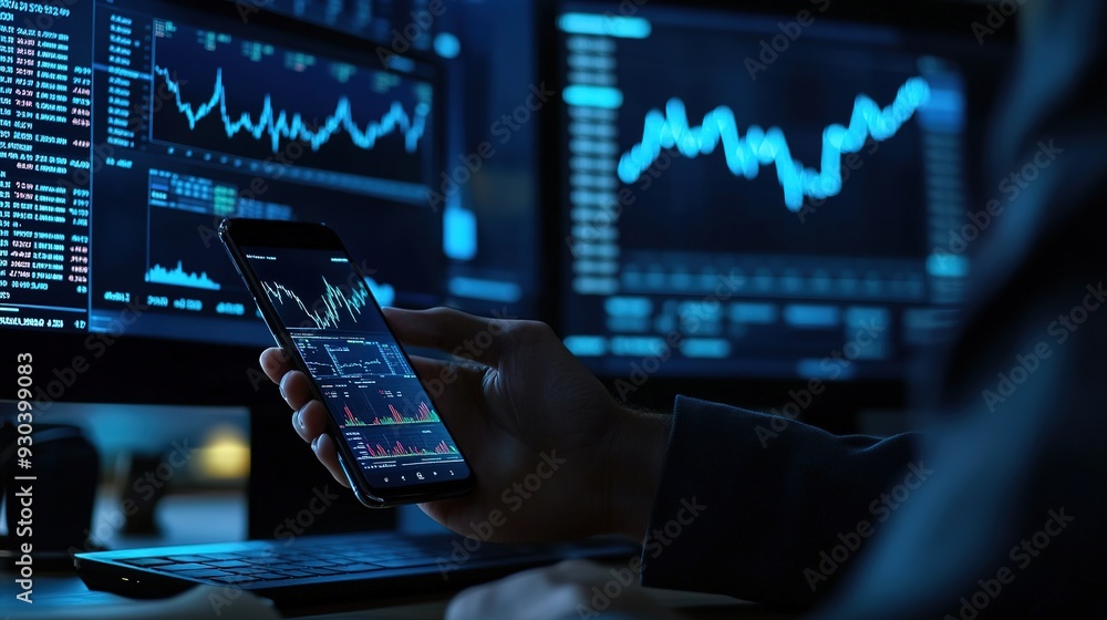 Poster a business professional using a smartphone to monitor stock market data, with financial charts visib