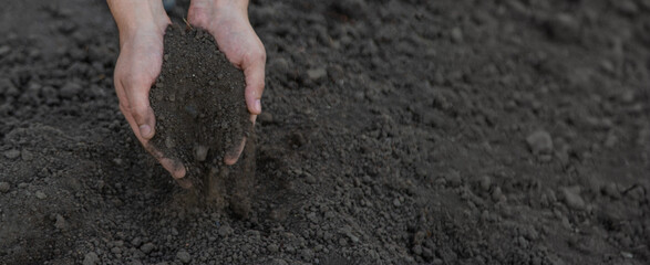 a man holds soil in his hands close-up. Selective focus