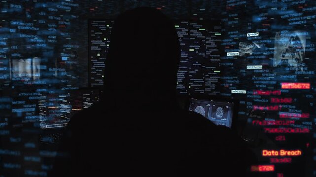 
Hooded Hacker Engaged In Cyber Attack, Surrounded By Digital Streams Of Data And Code. The Person Utilizes Advanced Technology, Including Augmented Reality Animation, To Breach Security Systems.