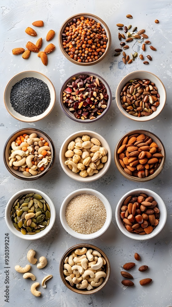 Poster Assorted Nuts and Seeds Arranged in a Pleasing Pattern on Wooden Table  Healthy Food Concept with Copy Space