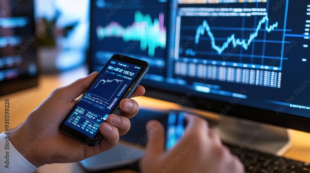 Poster a business professional using a smartphone to monitor stock market data, with financial charts visib