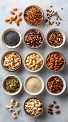Assorted Nuts and Seeds Arranged in a Pleasing Pattern on Wooden Table  Healthy Food Concept with Copy Space