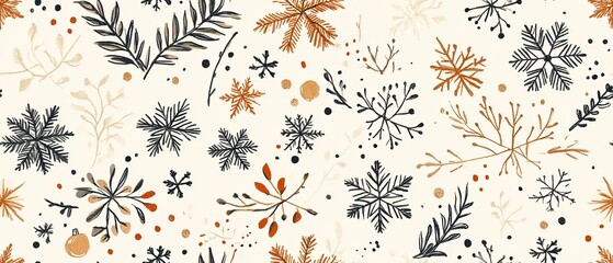 Cozy Boho Christmas Seamless Pattern in Earthy Tones with Snowflakes, Holly, and Rustic Details for Natural Holiday Vibes for fabric patterns