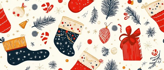 Festive Boho Christmas Stockings and Gifts Seamless Pattern Traditional Icons with Modern Bohemian Flair for fabric patterns