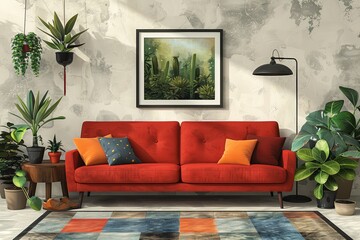 interior design with plants, midcentury modern style