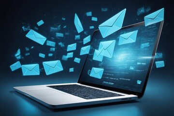 Laptop with blue email icons flying out of screen on dark blue background