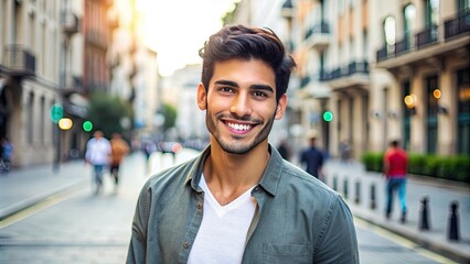 Fototapeta premium Attractive young Latin man with a bright smile and stylish haircut, wearing a casual outfit, standing confidently against a vibrant city street background.