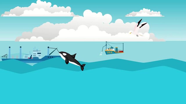 sailboat on wave wale and diver in sea. cloudy sky and sun animation cartoon