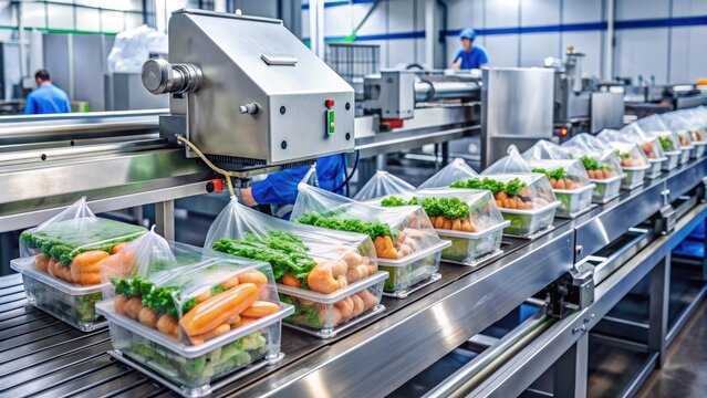 Automated industrial machine efficiently wraps and seals plastic pouches of fresh food products on a conveyor belt in a modern factory setting.