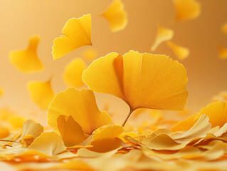 Fototapeta premium yellow maple leaves falling in slow motion against a yellow background. The leaves are arranged in a circular pattern.