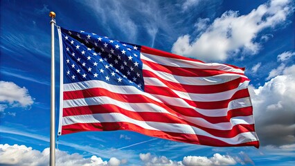 Obraz premium A vibrant American flag waving proudly in the wind, its 50 stars and 13 stripes showcased in stunning detail against a bright blue sky.