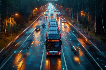 A futuristic city highway with an aerial view of multiple bustling electric vehicles, including busses and cars on the road. 