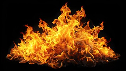 A vibrant, realistic, and isolated flame burning brightly, with detailed texture and movement, against a pure black background, perfect for compositing or editing.
