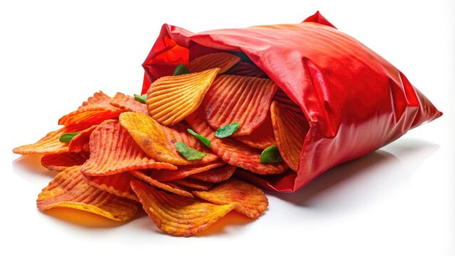 A vibrant red bag of delicious paprika chips sits isolated on a pure white background, its crinkly surface and colorful label popping with appetite appeal.