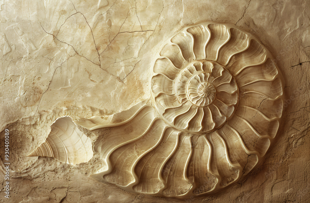Poster close up photo of an intricate circular pattern on the surface of a fossilized nautilus, in a sepia 