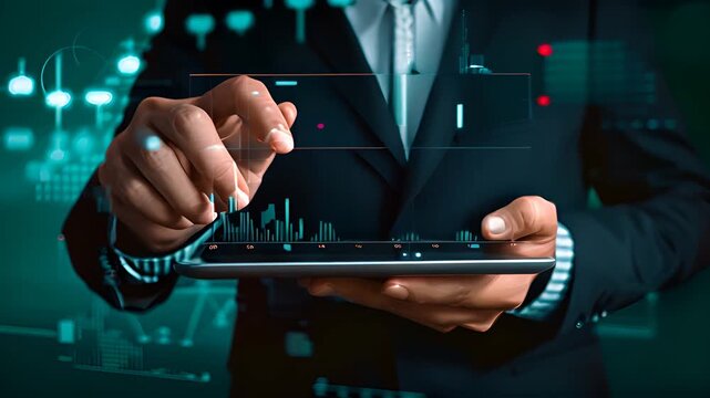 A business professional reviews market data and trends with advanced technology in a contemporary office environment