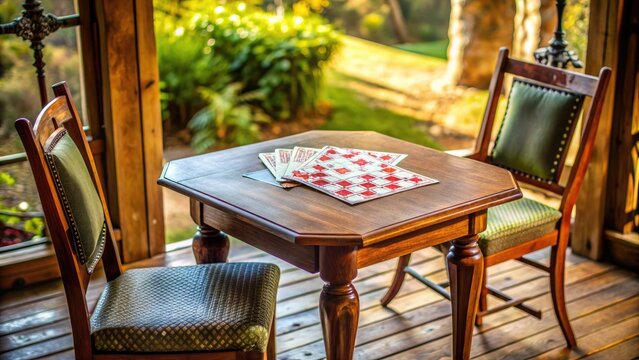 A vintage-style wooden card table sets the scene for a solitary afternoon of strategy and skill, with a carefully arranged deck of cards awaiting play.