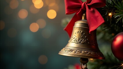 Golden Christmas Bell Ornament with Red Bow on Christmas Tree, Shallow depth of field with bokeh