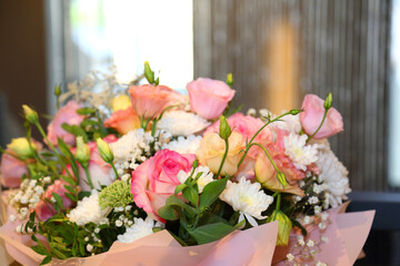 Restaurant interior. Photo zone in the restaurant. Floral design in a restaurant.