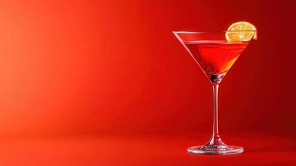 Elegant cocktail in a glass with a vibrant red background, perfect for bar menus and party invitations.