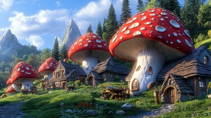 A group of houses with mushrooms on top are in a village, AI