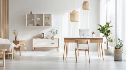 A modern, minimalist office space with natural light and greenery.