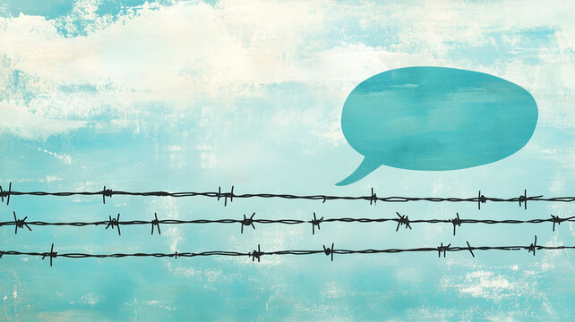 Censorship and free speech, cancel culture, censored media, speech bubble, barbed wire fence, freedom of press, discrimination of opinion, social issue
