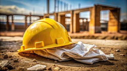 A worn yellow hard hat and a used tissue lie abandoned on a dusty construction site, symbolizing the pitfalls of working while unwell.