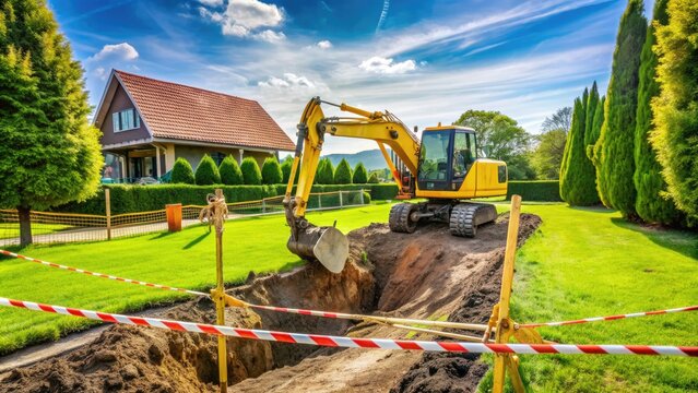 A yellow excavator digs soil to repairing a septic system, surrounded by caution tapes and tools, in a rural residential yard with lush green grass.