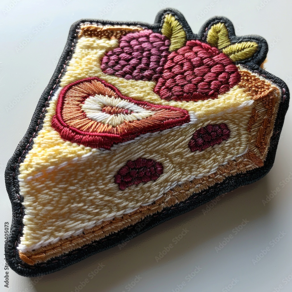 Wall mural Embroidered Patch of a Slice of Cake with Strawberries.