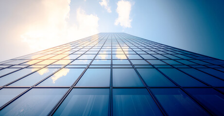 A towering glass skyscraper dominates the skyline, its reflective facade mirroring a vibrant blue sky punctuated by soft, white clouds.