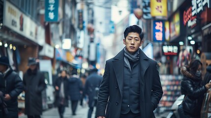 Fototapeta premium Korean man with stylish haircut and modern fashion, walking through a bustling Seoul street