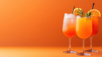 Three colorful cocktails with orange gradients against a vibrant backdrop, perfect for summer themes and refreshing moments.