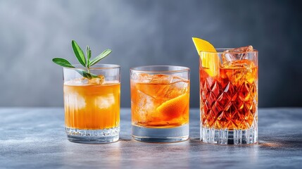Three stylish cocktails served in glasses, showcasing vibrant colors and refreshing garnishes against a moody background.