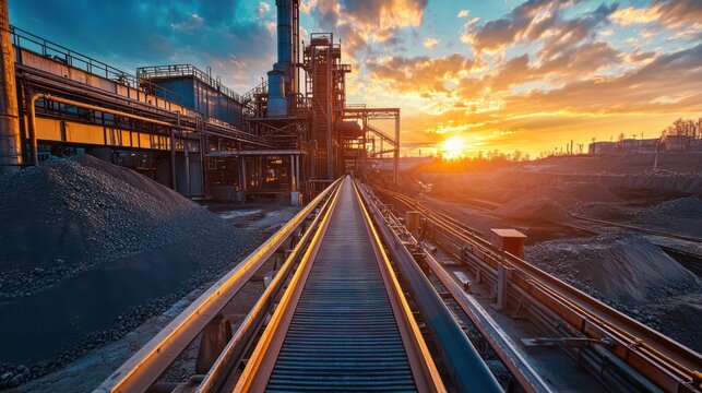 Conveyor system carrying minerals to a processing plant, symolizing the continuous flow of materials in mining.