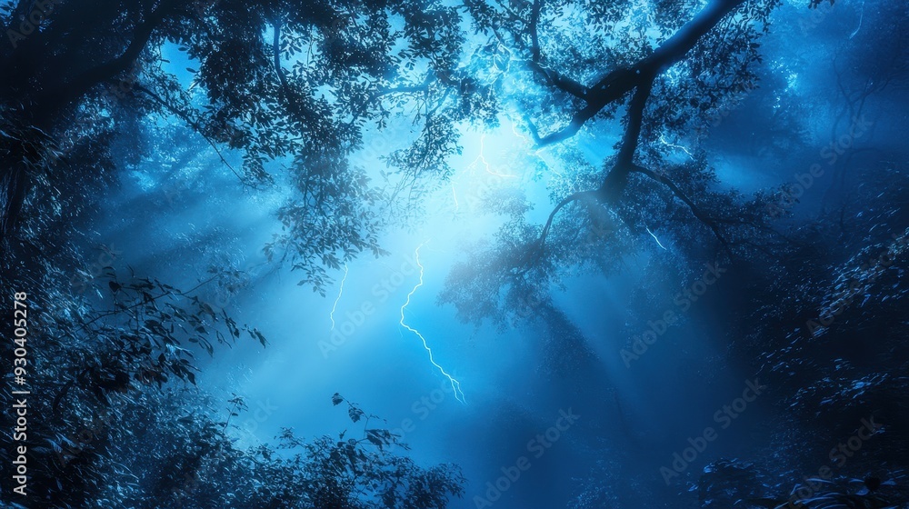 Poster a mystical forest illuminated by blue light and lightning, creating an enchanting atmosphere.