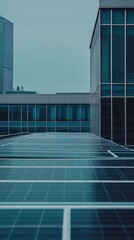 Workers install solar panels on the rooftop of a commercial building as clouds cover the sky
