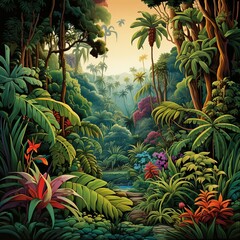 Fototapeta premium Illustration of a lush green jungle with vibrant plants and a narrow path leading into the distance. It is perfect for travel and tourism promotion or as a background for nature-themed projects.