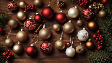 Christmas decorations on a wooden background. The warm tones and the bright festive ornaments create a cozy holiday feel