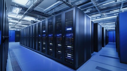 Fototapeta premium Server racks in a modern data center, lit with blue light.