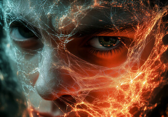 A haunting close-up reveals a face ensnared within a spider web, illuminated by eerie red and orange hues, symbolizing the grip of addiction.
