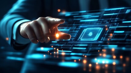 Close up of Businessman analyzing financial data on virtual interface.