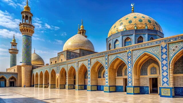 Beautifully tiled and ornate mosque in Basra, Iraq, with delicate archways, intricate patterns, and a vibrant dome, set against a clear blue sky backdrop.