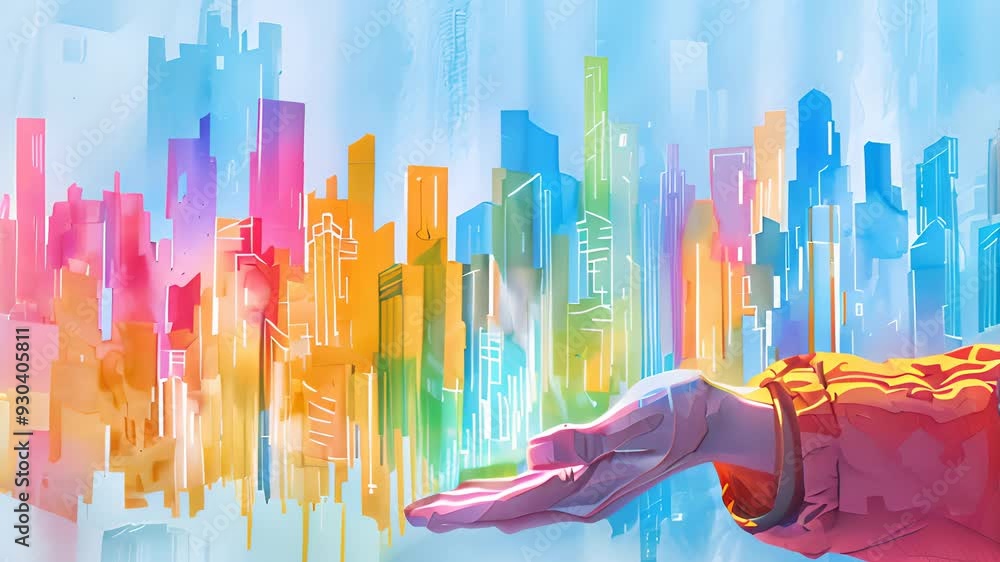Poster an artistic representation showcases a hand extending towards a vivid skyline filled with colorful s