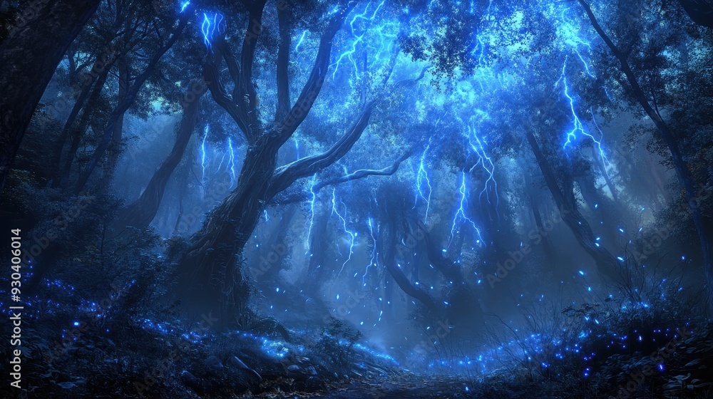 Poster a mystical forest illuminated by blue lightning and glowing elements, creating an enchanting atmosph