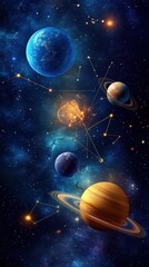 A painting of the planets in the solar system with a blue background