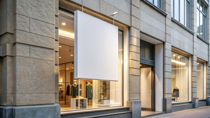 Blank white signage mockup on a modern retail storefront with a clean and minimalist aesthetic, ready for custom branding and logo placement.
