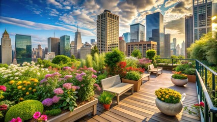 Fototapeta premium Blooming flowers and lush greenery thrive in a serene rooftop oasis, surrounded by urban skyscrapers and offering a tranquil escape from city life chaos.