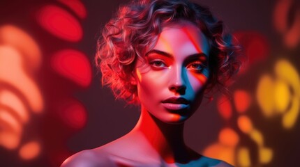 A woman with curly hair poses gracefully, her features highlighted by striking colors and soft shadows that dance around her