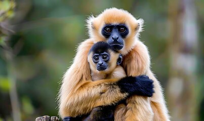 Leaf Monkeys or Dusky Langur and mother who are living in the forest, Animals with their babies in Thailand
